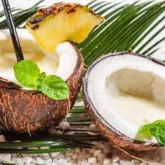 Dwa połówki kokosa z napojem, ozdobione miętą i ananasem. Czy kokos to owoc? Tak, i jest idealny na tropikalny drink!