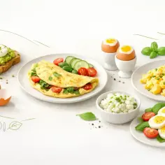 Pyszne kanapki z jajkiem, omlet, jajka na miękko i jajecznica. Zdrowe śniadanie pełne białka.