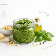 Słoik domowego pesto, składniki: bazylia, orzeszki piniowe, czosnek, parmezan, oliwa. Czy pesto jest zdrowe? Tak, to bogactwo witamin i zdrowych tłuszczów.