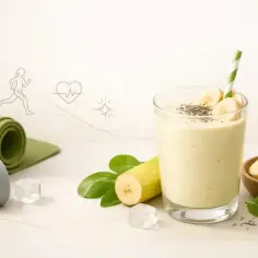 Zdrowy koktajl bananowy z nasionami chia, obok maty do ćwiczeń i hantli. Idealny po treningu!