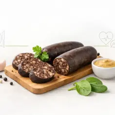 Kaszanka na desce z dodatkami, obok musztarda i zioła. Czy kaszanka jest zdrowa? Zależy od składników i sposobu przygotowania.