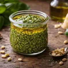 Słoik domowego, zielonego pesto z bazylii, oliwy i orzeszków piniowych. Obok czosnek, parmezan i świeże liście bazylii.