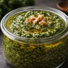 Słoik pełen aromatycznego pesto z jarmużu, ozdobiony orzechami. Idealny dodatek do dań.