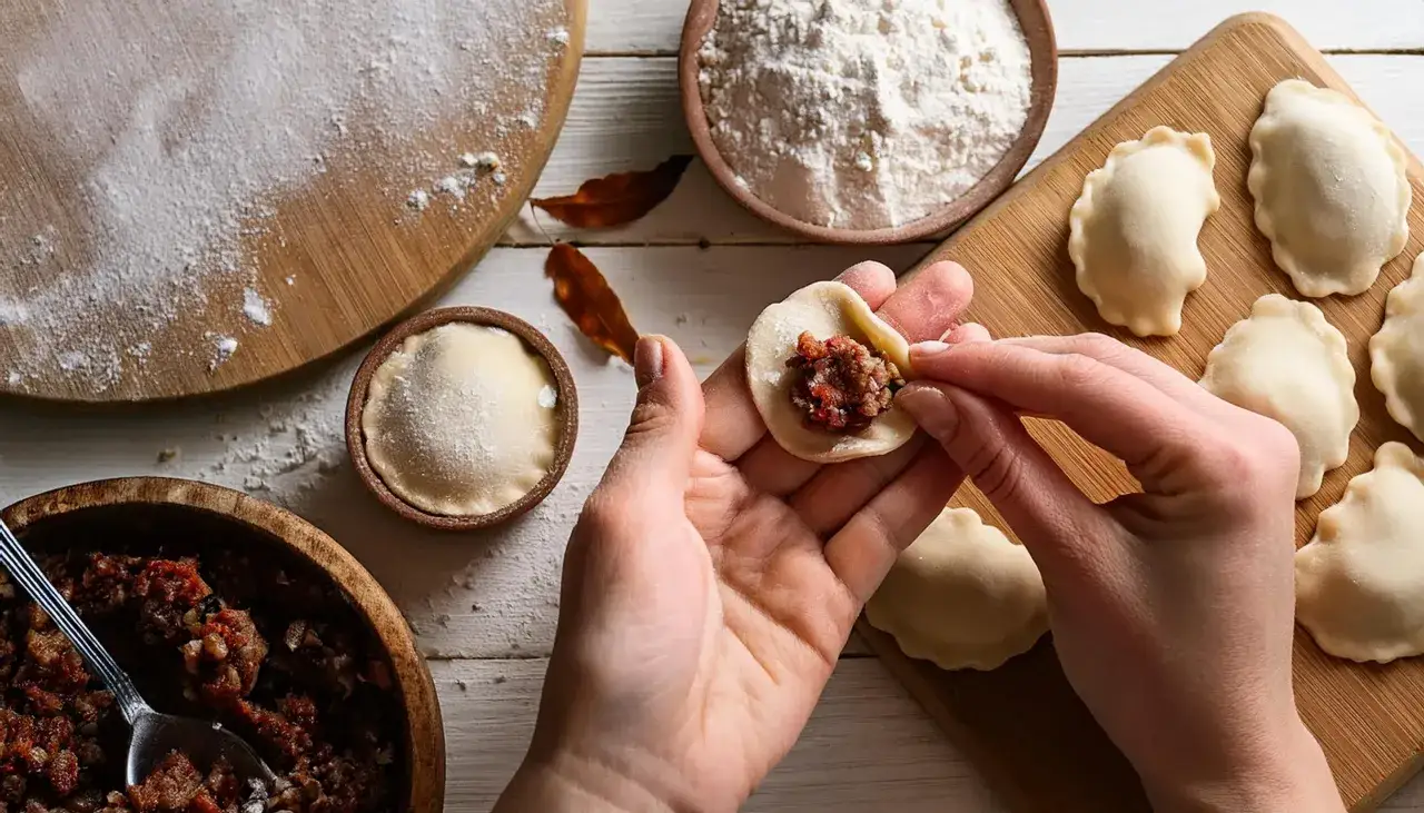 Ręce formują pierogi z kapustą. Obok miska z farszem, mąka i gotowe pierożki.