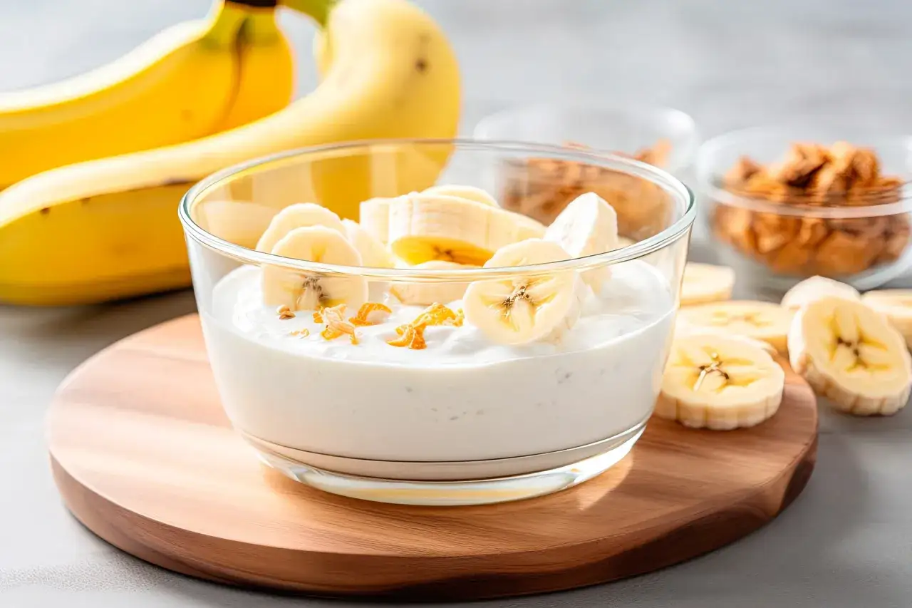 Biała dieta: jogurt z plasterkami banana i skórką pomarańczową, obok leżą banany i suszone owoce.