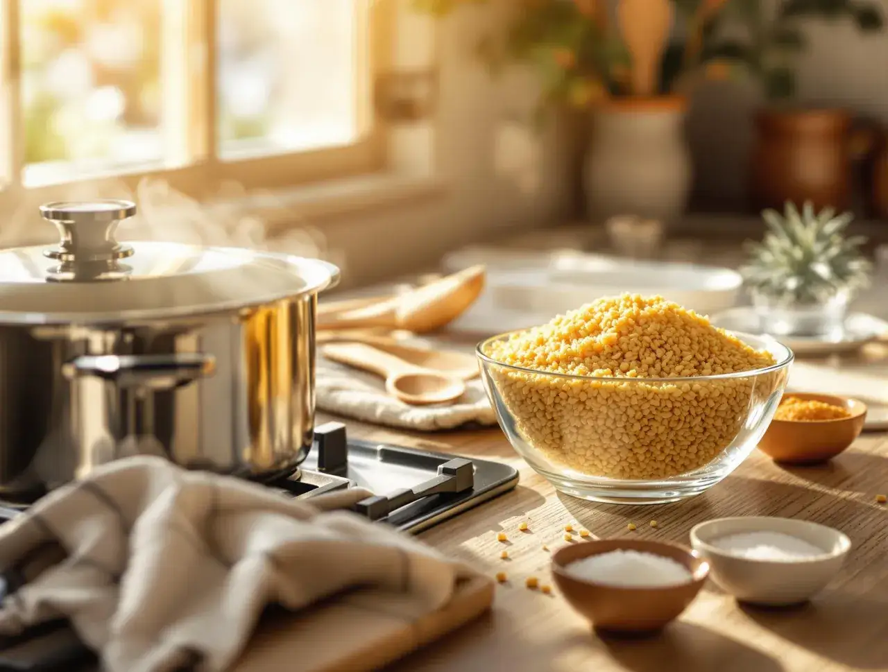 Gotowanie kaszy bulgur na kuchence. W szklanej misce widać kaszę, obok małe miseczki z przyprawami.