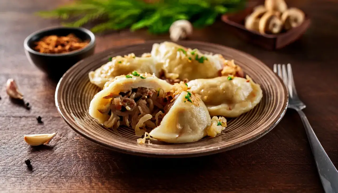 Talerz z pierogami z kapustą i grzybami, posypanymi szczypiorkiem. Obok czosnek, pieprz i miseczka z przyprawami.