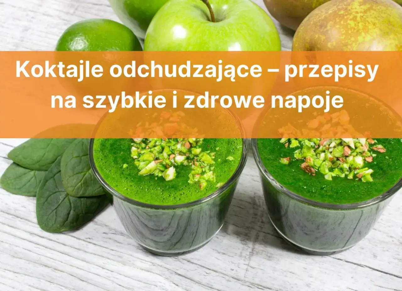Dwa zielone koktajle odchudzające, ozdobione orzechami, na tle jabłek i szpinaku.