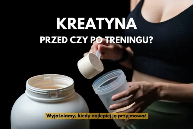 Kreatyna przed czy po treningu? Dłonie wsypują proszek do shakera, obok stoi duży pojemnik. Wyjaśniamy, kiedy najlepiej ją przyjmować.