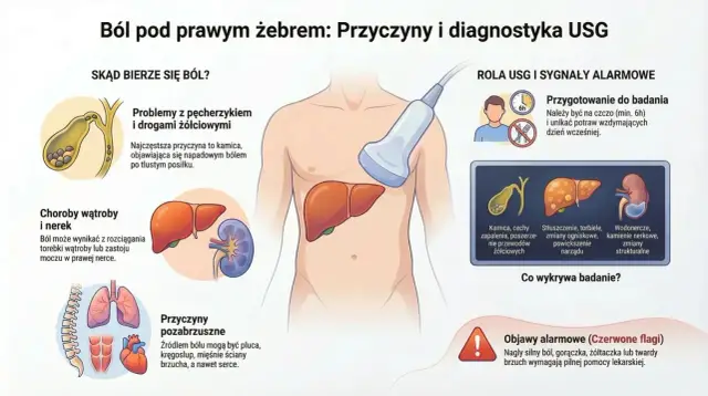 Ilustracja pokazuje, gdzie znajduje się wątroba, jej możliwe problemy, jak i przygotowanie do badania USG.